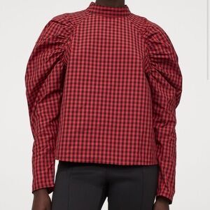 H&M red black checkered print puff long sleeve shirt medium blouse mock neck